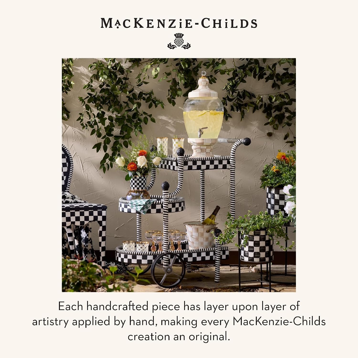 MACKENZIE-CHILDS Pedestal Vase, Decorative Centerpiece and Flower Holder, Black-and-White Courtly Check