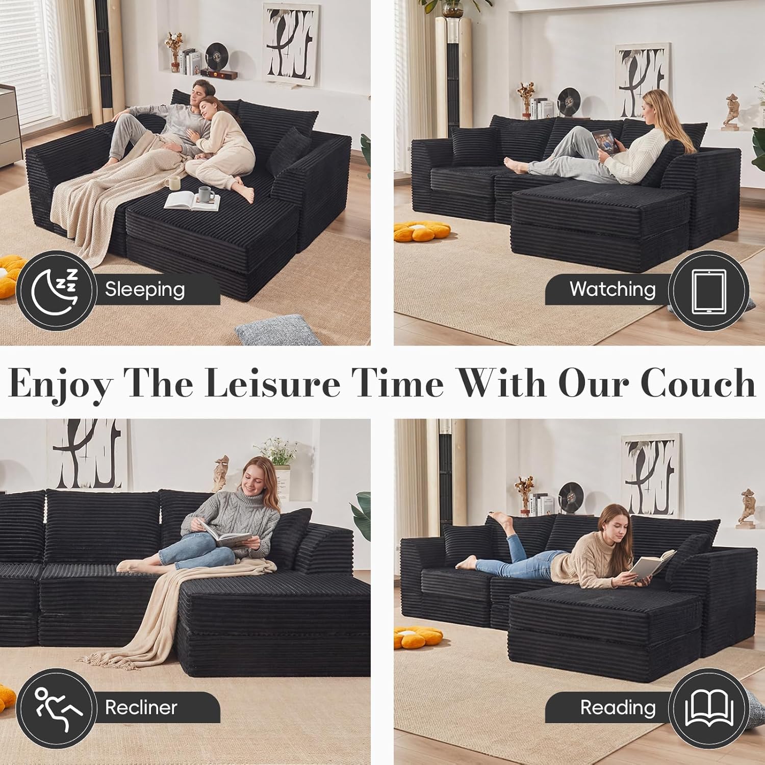 106” Modular Sectional Sofa,Modular Cloud Sofa L-Shaped Cloud Couch with High-Density Foam & Corduroy Fabric,Boneless Couch Deep Seat Couch for Living Room Apartments Bedroom No Assembly Required