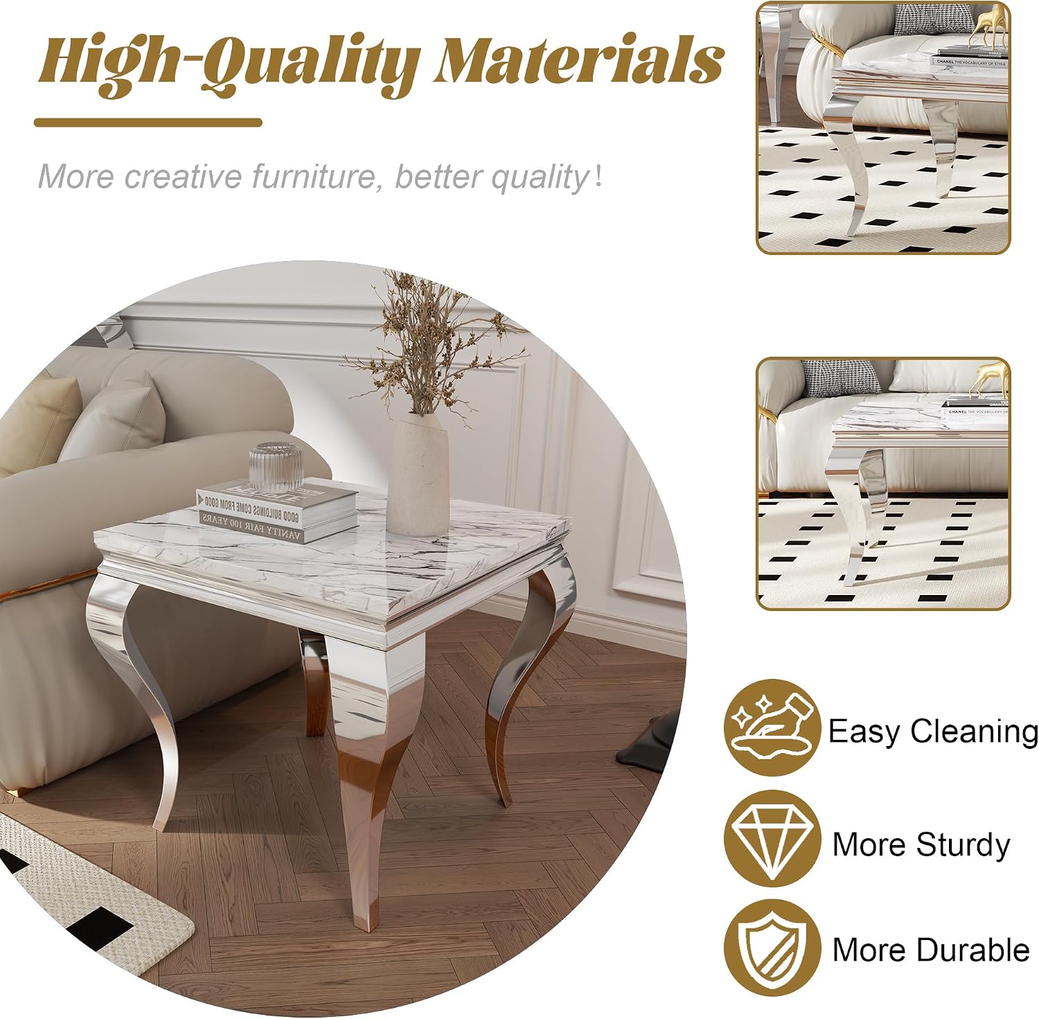Square Faux Marble End Table, Modern Elegant Side Table with Stainless Steel Legs and Silver Mirrored Finish, Luxury End Table for Living Room, Bedroom, Office