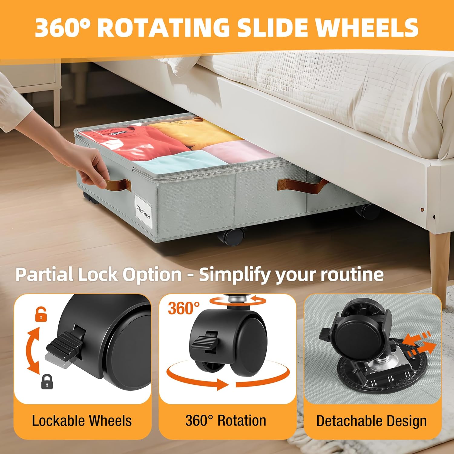 Under Bed Storage with Wheels,Underbed Storage with Sturdy Sidewalls/Bottom, Clear Cover, Label and PU Handle, Rolling Under Bed Drawers for Clothes, Shoes, 5.5 Inch Height,Grey, 2 Pack