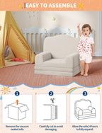 Kids Sofa Chair, Sherpa Convertible Toddler Couch with Washable Cover, Crown Design Comfy Children's Reading Chair, Fold Out Sofa Bed for Playroom, Nursery, Girls & Boys
