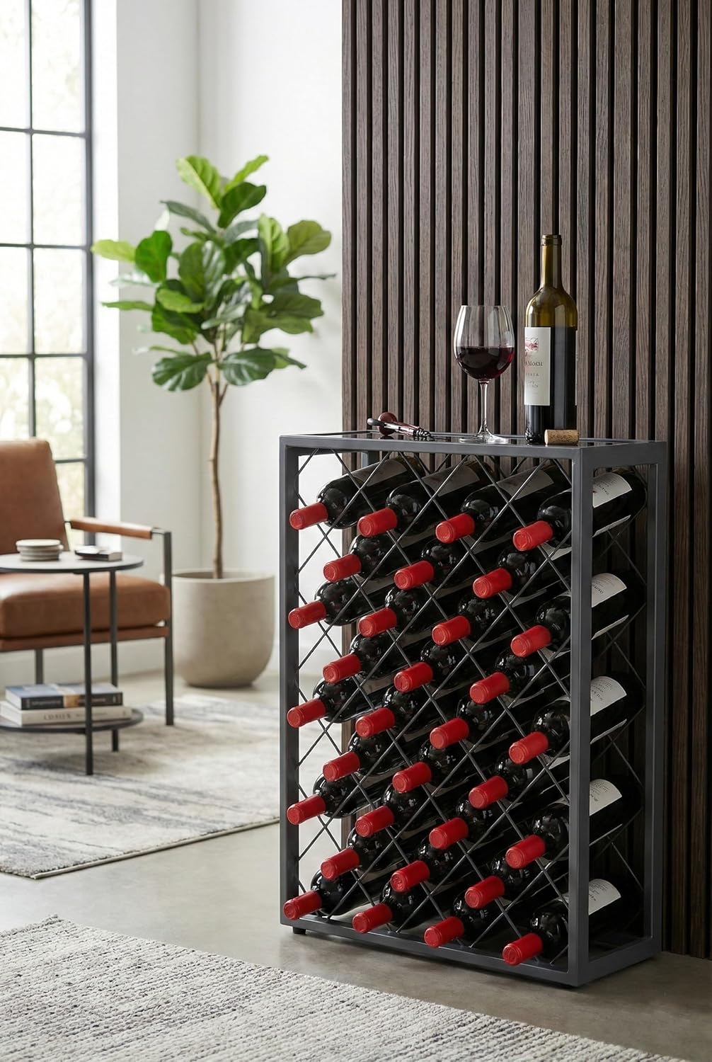Mango Steam 32 Bottle Gray Wine Rack with Gray Glass Top Shelf, Free Standing for Home, Kitchen and Bar