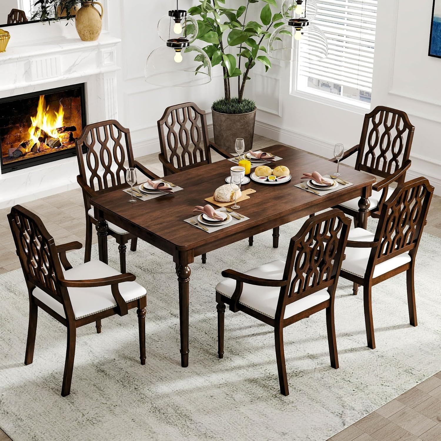 chairus Farmhouse Dining Chairs Set of 6, French Country Vintage Wooden Dining Room Chairs with Arm, Lattice Back & Turned Legs, Rustic Chenille Upholstered Nailhead Trim Kitchen Chairs, Walnut Brown