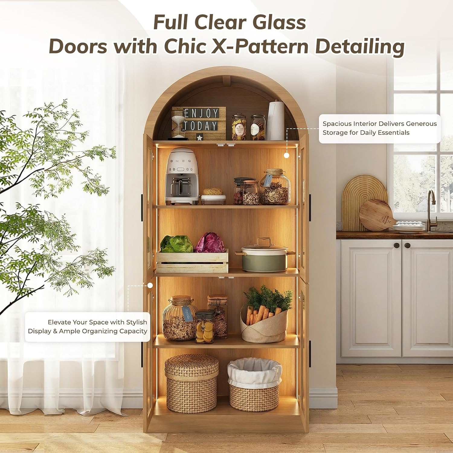 71” Tall Arched Kitchen Pantry with X-Pattern Glass Doors & RGB Lighting, Storage Cabinet Display Cabinet with Adjustable Shelves, Modern Pantry Cabinet for Kitchen, Living Room & Dining Room