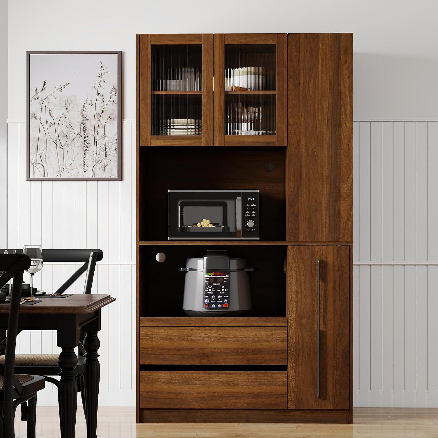 Jmyab 70.87" Tall Kitchen Pantry Cabinet, Kitchen Pantry with 4-Tier Side Shelf and 2 Drawers, Freestanding Storage Cabinet with Microwave Stand for Dining Room, Walnut
