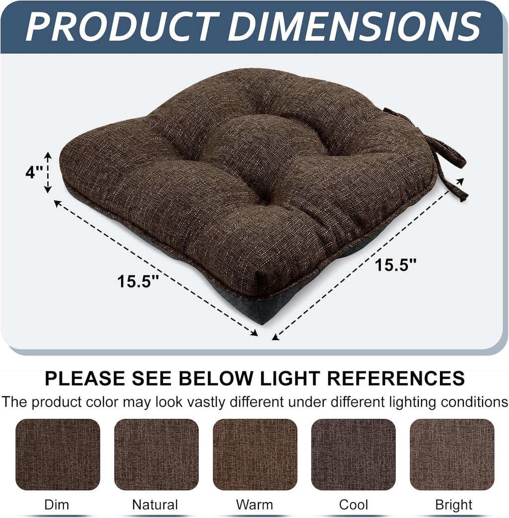 Basic Beyond Chair Cushions for Dining Chairs 6 Pack, Kitchen Chair Cushion with Ties and Non Slip Backing, 15.5 x 15.5 inches Tufted Chair Pads for Dining Chairs, Brown