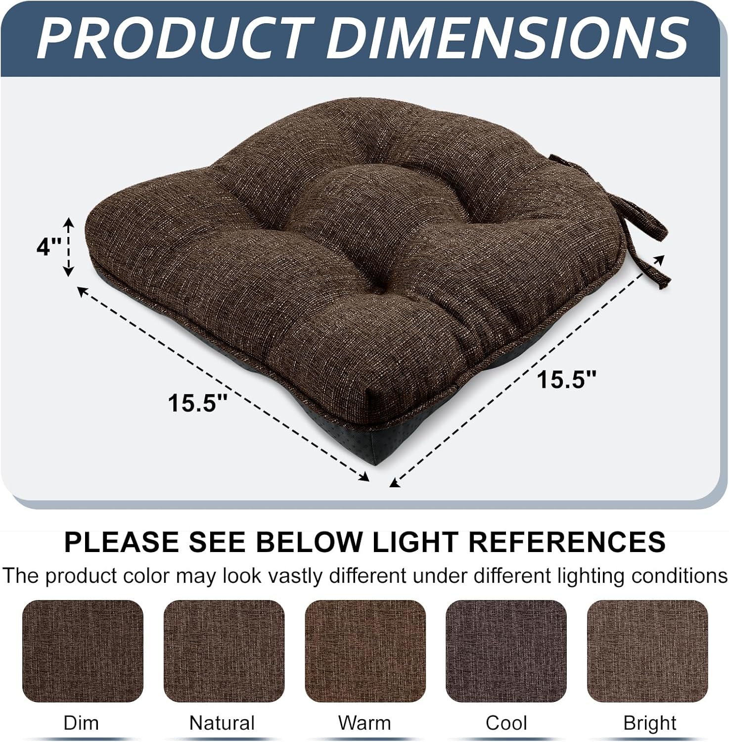Basic Beyond Chair Cushions for Dining Chairs 6 Pack, Kitchen Chair Cushion with Ties and Non Slip Backing, 15.5 x 15.5 inches Tufted Chair Pads for Dining Chairs, Brown