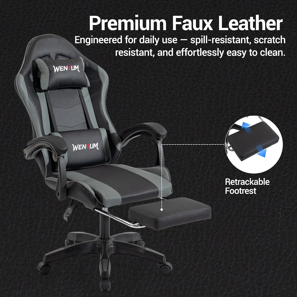 Ergonomic Gaming Chair with Footrest, Grey Black Video Game Chair w/Adjustable Headrest & Lumbar Support for Adults Kids, 360° Swivel for Home Office Bedroom Gaming Room, Grey&Black