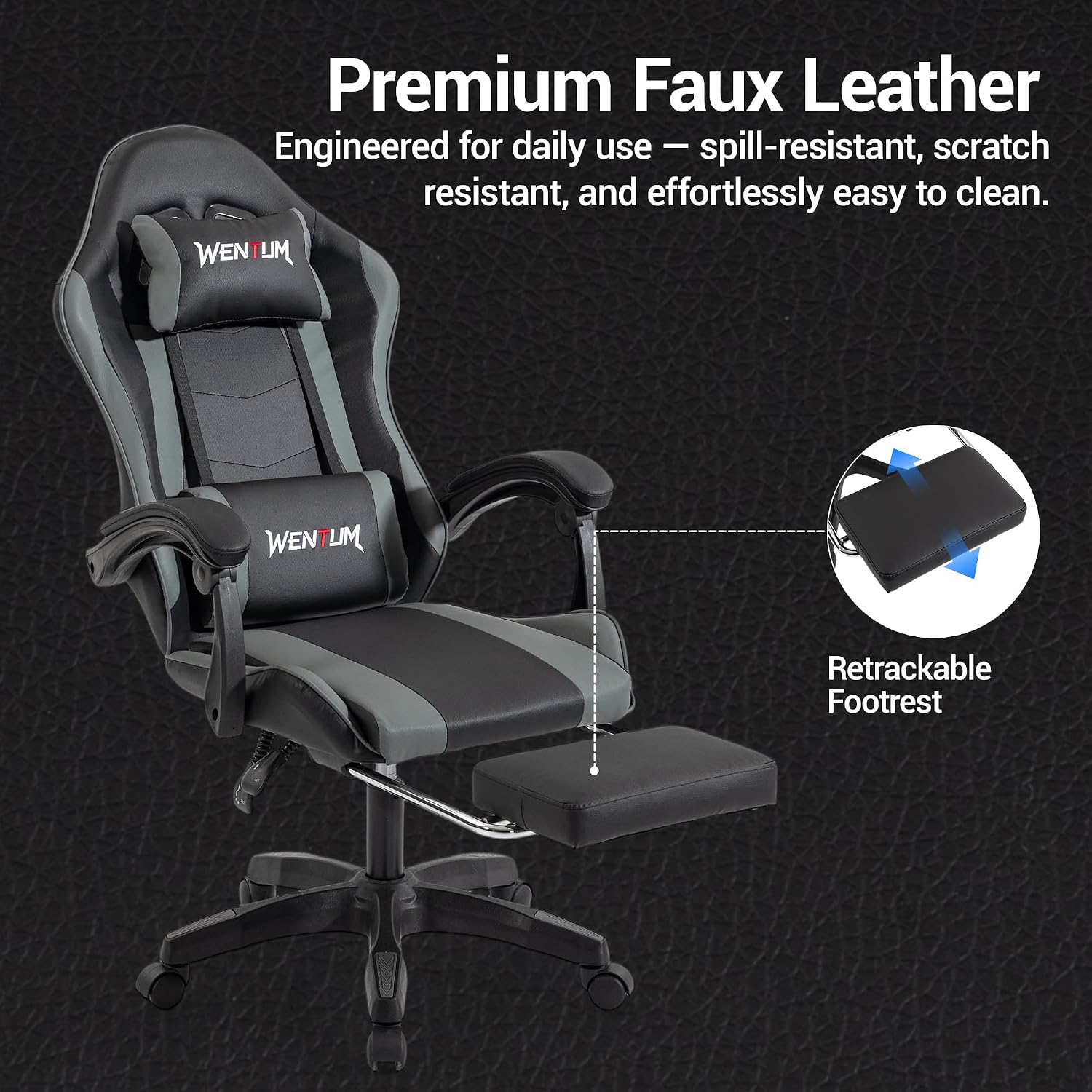 Ergonomic Gaming Chair with Footrest, Grey Black Video Game Chair w/Adjustable Headrest & Lumbar Support for Adults Kids, 360° Swivel for Home Office Bedroom Gaming Room, Grey&Black