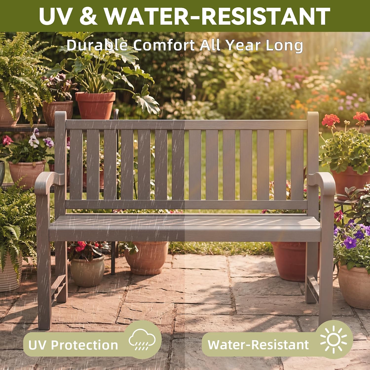 Outdoor Bench, 2-Person Outdoor Benches Weatherproof, 600 lbs Weight Capacity, Low Maintenance, Garden Bench for Patio, Park, Porch, Backyard, Balcony(Grey)