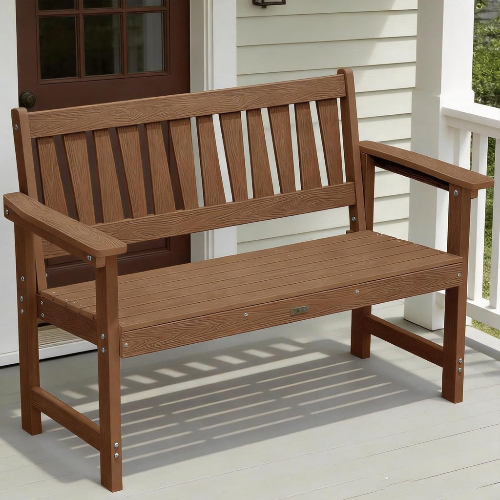 YEFU Outdoor Bench Weatherproof for Patio: 2-Person HIPS All Weather Garden Benches - Comfortable & Heavy Duty Patio Benches for Front Porch Backyard Park - Outside Furniture Bench, Teak