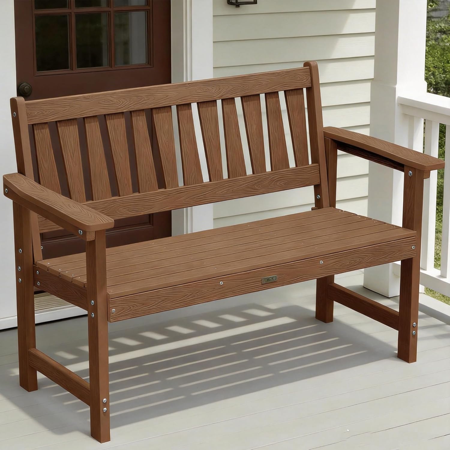 YEFU Outdoor Bench Weatherproof for Patio: 2-Person HIPS All Weather Garden Benches - Comfortable & Heavy Duty Patio Benches for Front Porch Backyard Park - Outside Furniture Bench, Teak