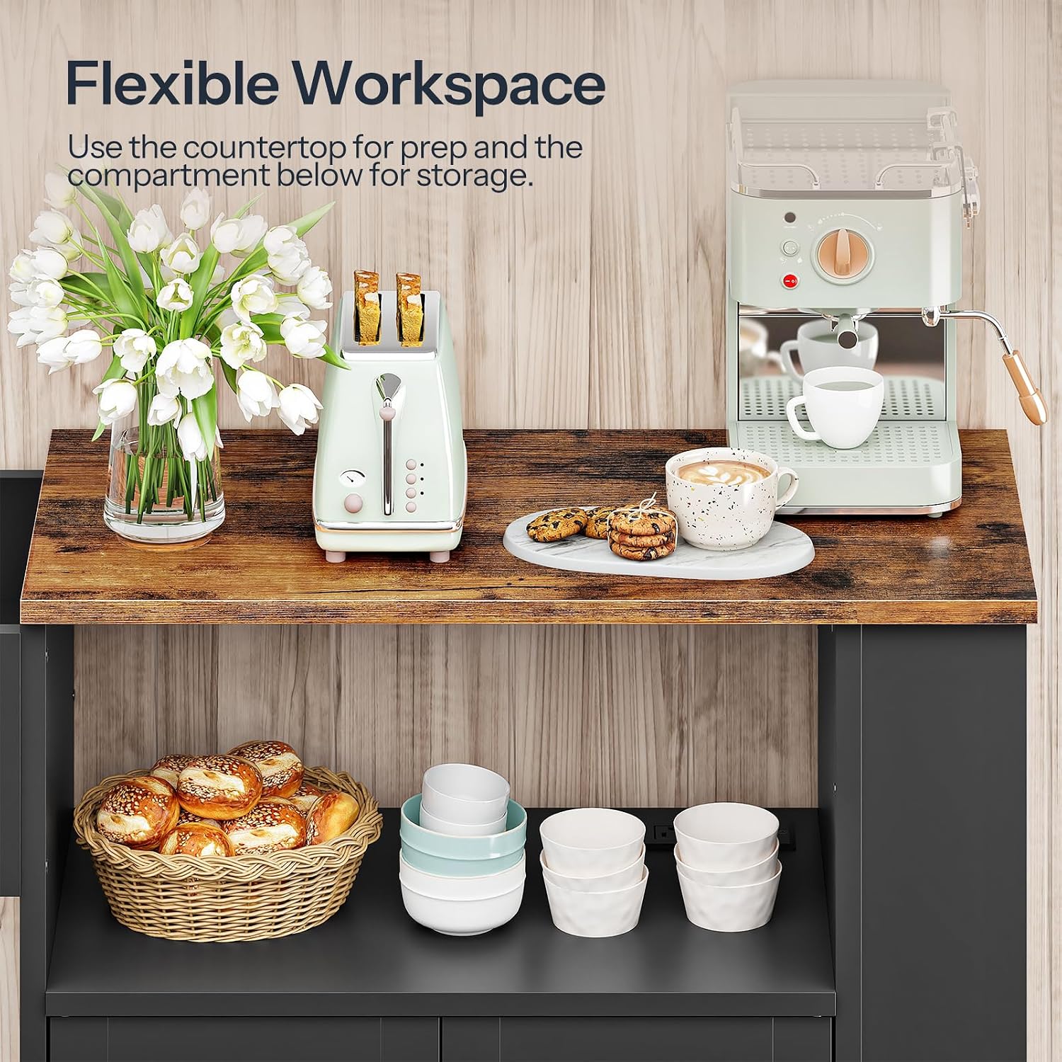 HOOBRO Kitchen Island with Power Outlet, Rolling Kitchen Island with Glass Doors and Open Storage Shelf, Island Table with Spice Rack, Towel Rack for Kitchen, Rustic Brown and Black BF53UZD01