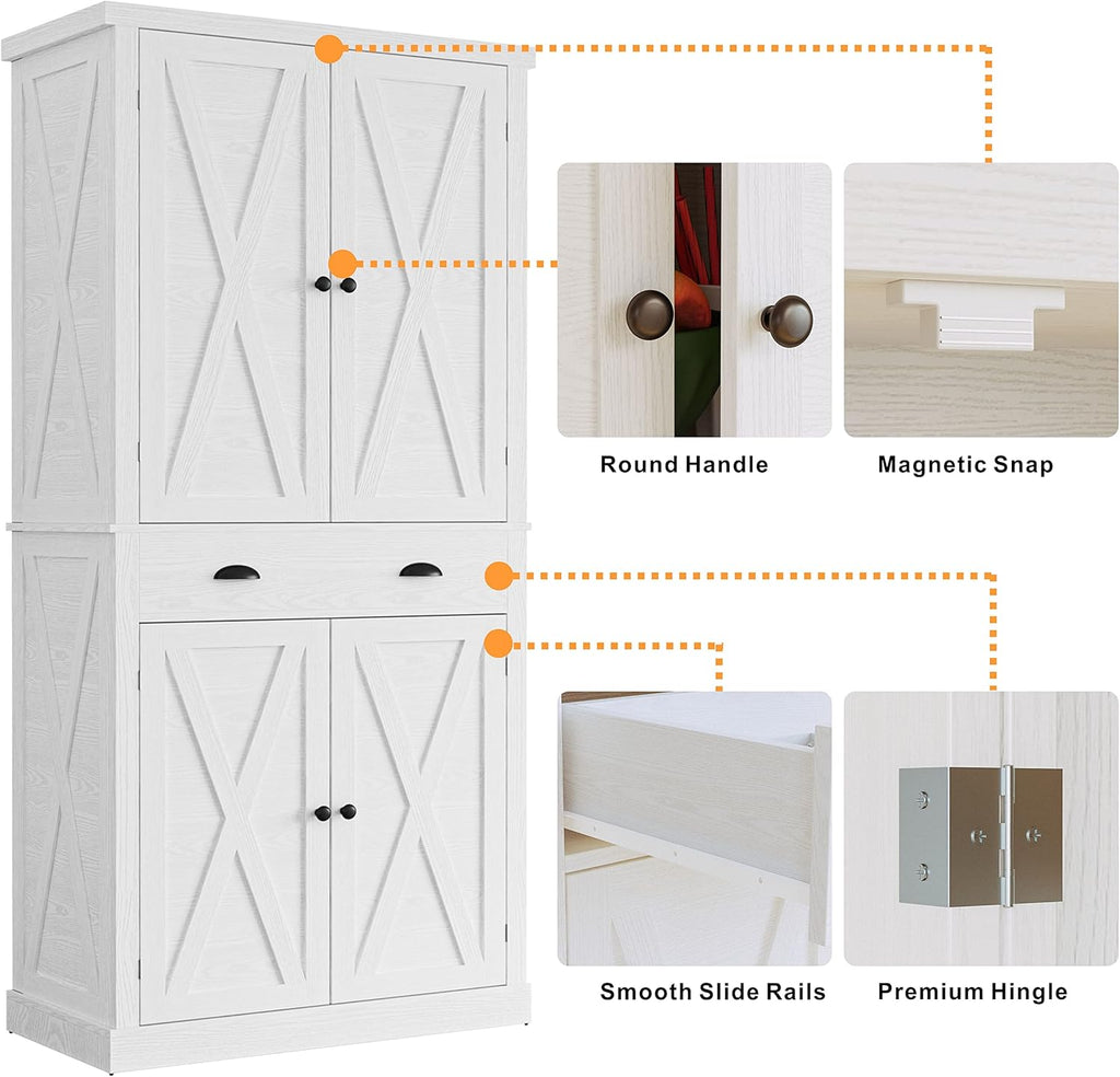 IRONCK Kitchen Pantry Storage Cabinet 72.6" H x 24" W, with Barn Doors, Drawer, 4 Adjustable Shelves, Freestanding Cupboard, Laundry, White