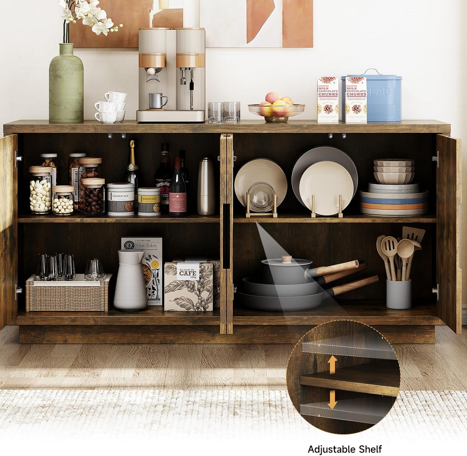 ONBRILL 60" Sideboard Buffet Cabinet with Storage, Irregular Panel Design Credenza Mid Century Farmhouse Coffee Bar Cabinet with 4 Doors & Adjustable Shelves for Living Room, Hallway (Rustic Brown)