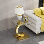 Modern Square Glass End Side Table with C-Shape Gold Stainless Steel Base, 22.83" Small Glass Top Bed Side Coffee Table Nightstand for Living Room Bedroom Office