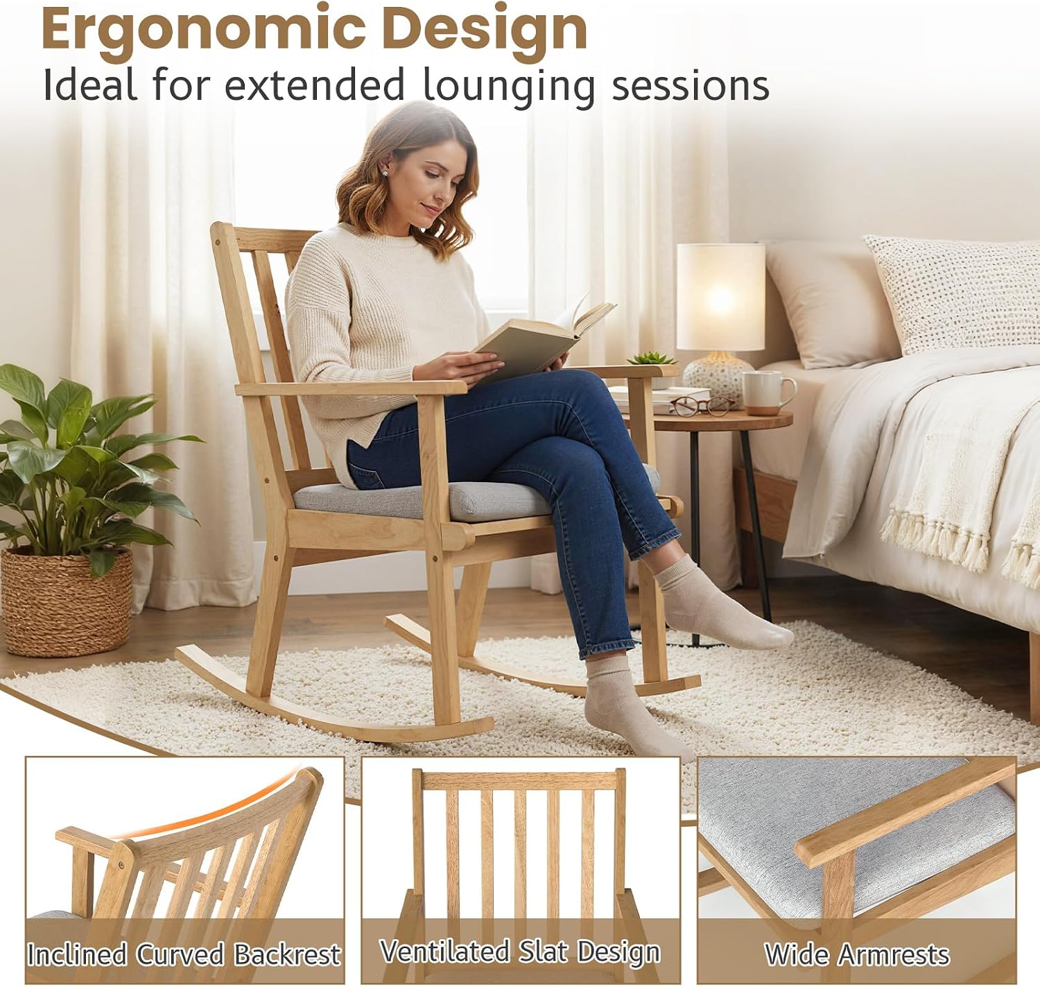 Giantex Rocking Chair with Cushion, Solid Rubber Wood Rocker w/Slatted High Back & Padded Seat, Indoor Rustic Accent Armchair for Living Room, Bedroom, Study, Nursery, Patio, Natural (1)