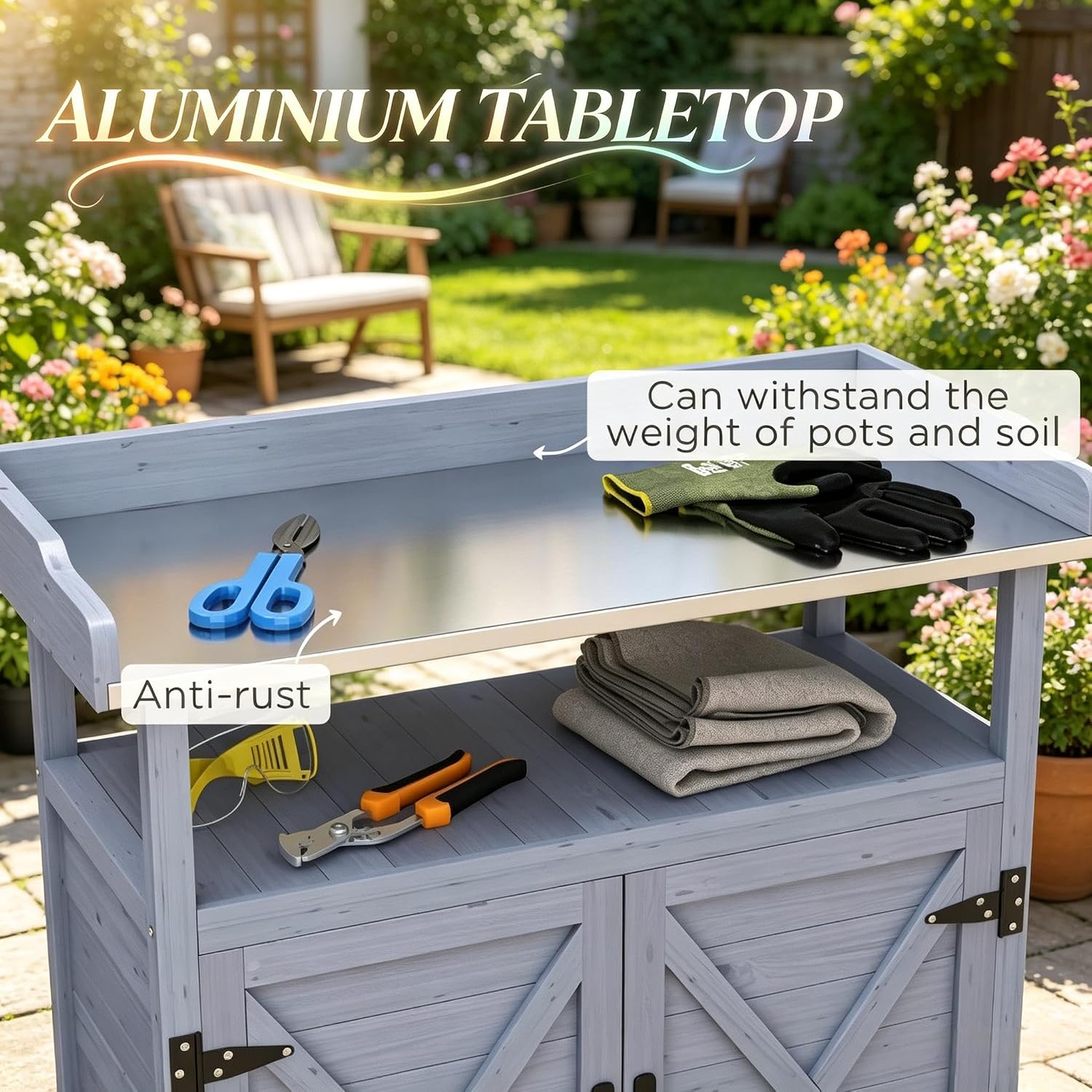 Backyard Storage Cabinet Wooden Outdoor Patio Storage Cabinet Rolling Potting Bench with Wheels Country Garden Potting Table Workstation