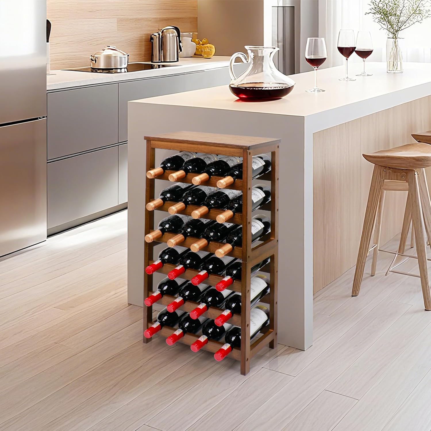 Wine Rack Free Standing Floor, 6-Tier 24 Bottles Display Wine Storage Shelves with Table Top, Easy-Assembly Freestanding Bamboo Wine Racks for Kitchen Dining Room Bar, Walnut