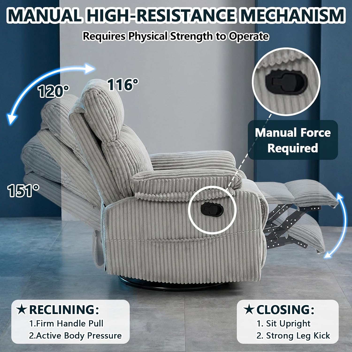 Manual Small Recliner Rocking Chair for Nursery/Relaxation, Corduroy Swivel Glider Recliner for Living Room Bedroom, Grey Rocking Chair Nursery Recliners for Small Spaces, Side Pockets (Grey)