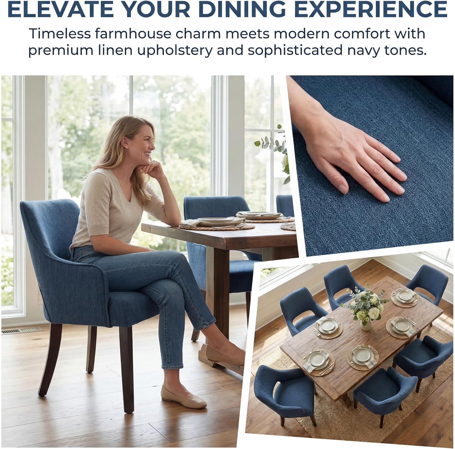 Blue Dining Chairs with Arms Set of 2, Farmhouse Upholstered Linen Dining Chairs, Curved Open Back Kitchen & Dining Room Chairs with Solid Wood Legs and Thick Cushion Seat, Blue