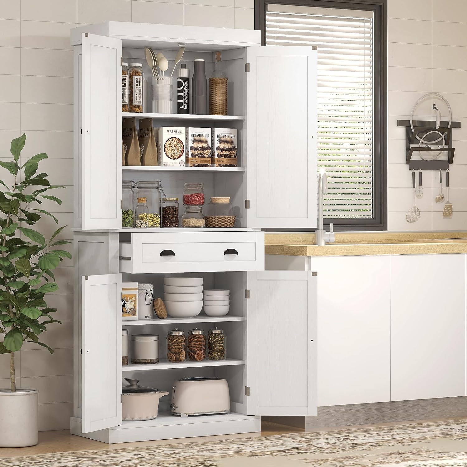 72.5" Kitchen Pantry Cabinet, Traditional Freestanding Storage Cabinet with 4 Doors, Drawer and 3 Adjustable Shelves for Dining Room, White Wood Grain,16 * 30 * 72.5