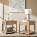 HULALA HOME Rubber Wood Frame End Table with Drawer, 24" Wood Side Table with Open Shelf, Oak Veneer Finish, Fluted Trim(Set of 2, Natural)