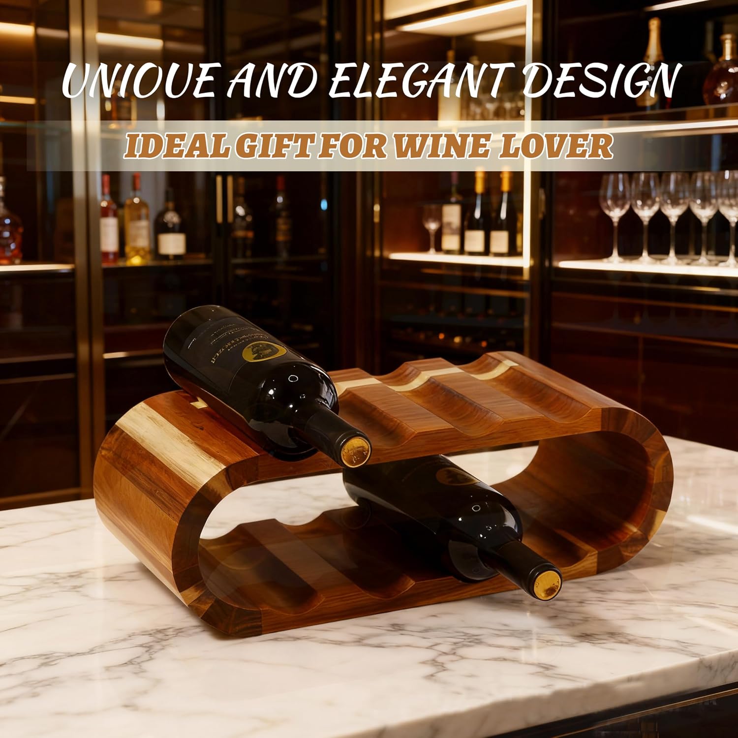 Classic Wooden Wine Rack – 8-Bottle Acacia Wine Holder Stand – Freestanding Wine Storage – Great for Home Decor No Assembly Required.