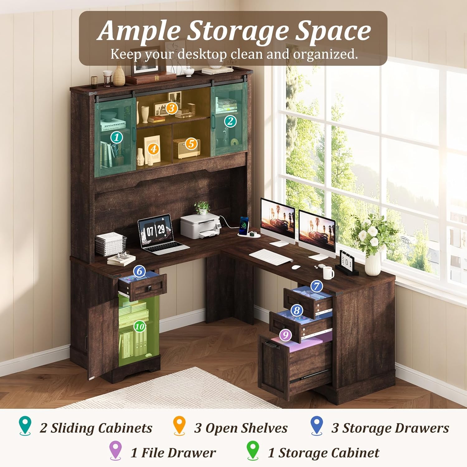 Squireewo 68.9'' Farmhouse L Shaped Desk with Hutch and Drawers, 76" High Wood Executive Home Office Desk with Charging Station, File Drawer and Cabinet, Computer Corner Desk with Sliding Doors, Brown