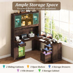 Squireewo 68.9'' Farmhouse L Shaped Desk with Hutch and Drawers, 76" High Wood Executive Home Office Desk with Charging Station, File Drawer and Cabinet, Computer Corner Desk with Sliding Doors, Brown