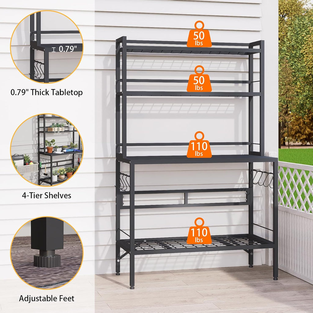 Outdoor Potting Bench Table with Storage, 63" Tall Metal Garden Workstation, 4-Tier Plant Stand Shelves with 8 Hooks, Heavy Duty All-Weather Potting Table for Patio, Backyard, Balcony, Gray