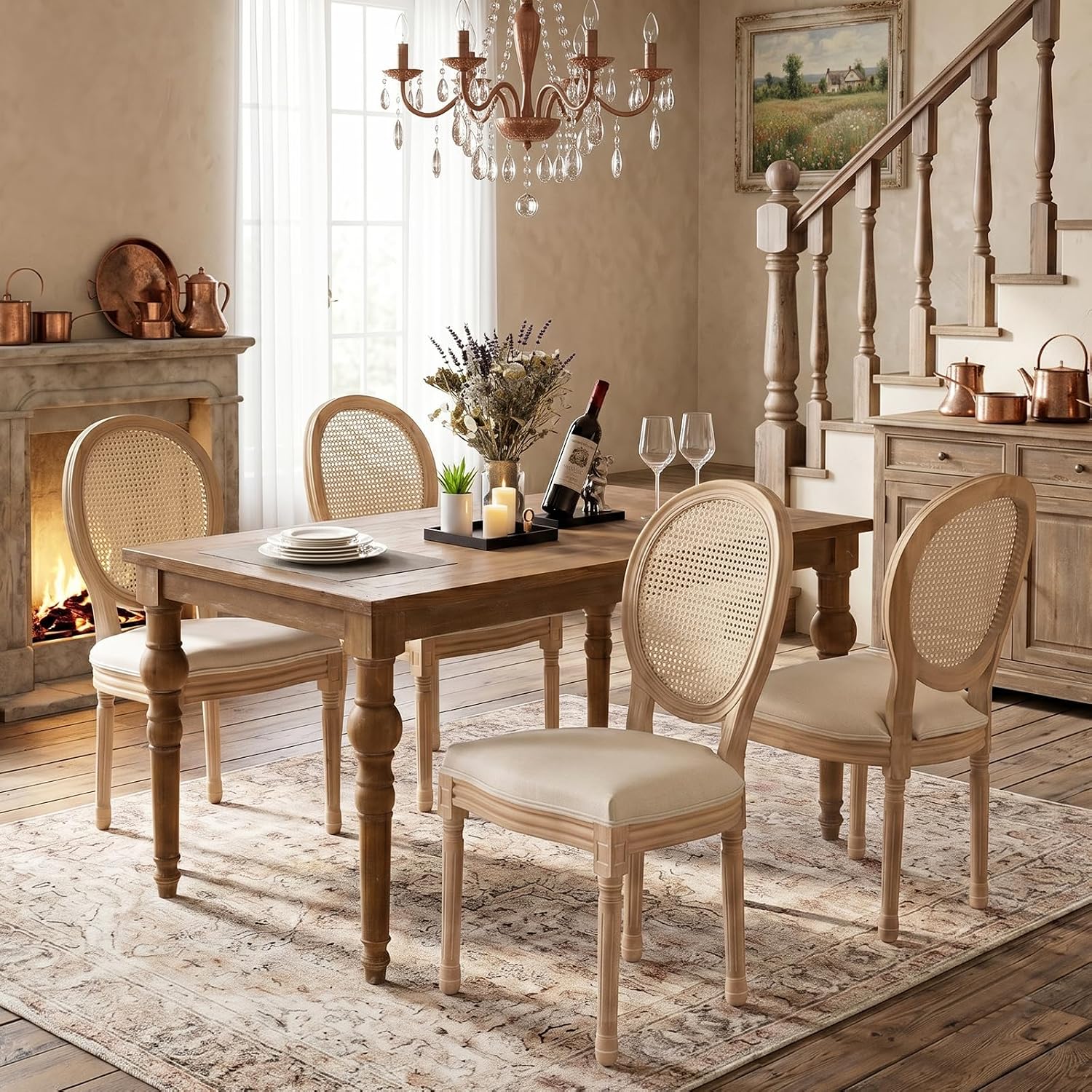 SoarFlash French Dining Chairs Set of 4, Vantage Linen Dining Chair with Round Back, Farmhouse Country Rattan Dining Chair for Living Room,Kitchen,Bedroom,Beige