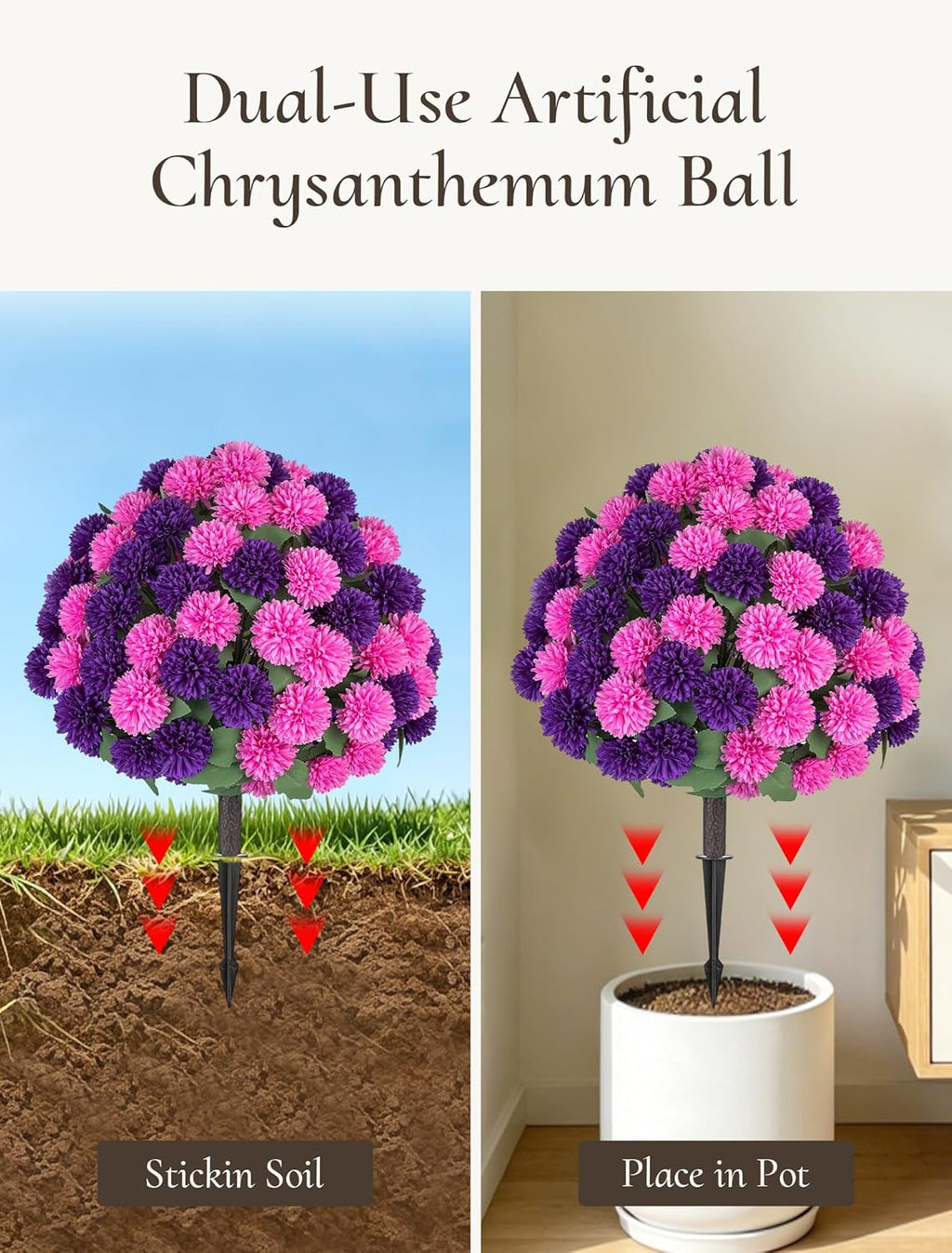 Artificial Mum Topiary Ball: 33" Fake Chrysanthemum Flower with Spike Set of 2 for Front Porch Decor - Purple Pink Faux Bushes Plants with Spike for Outdoor Indoor Garden Patio Entryway