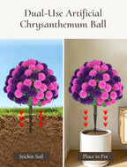 Artificial Mum Topiary Ball: 33" Fake Chrysanthemum Flower with Spike Set of 2 for Front Porch Decor - Purple Pink Faux Bushes Plants with Spike for Outdoor Indoor Garden Patio Entryway