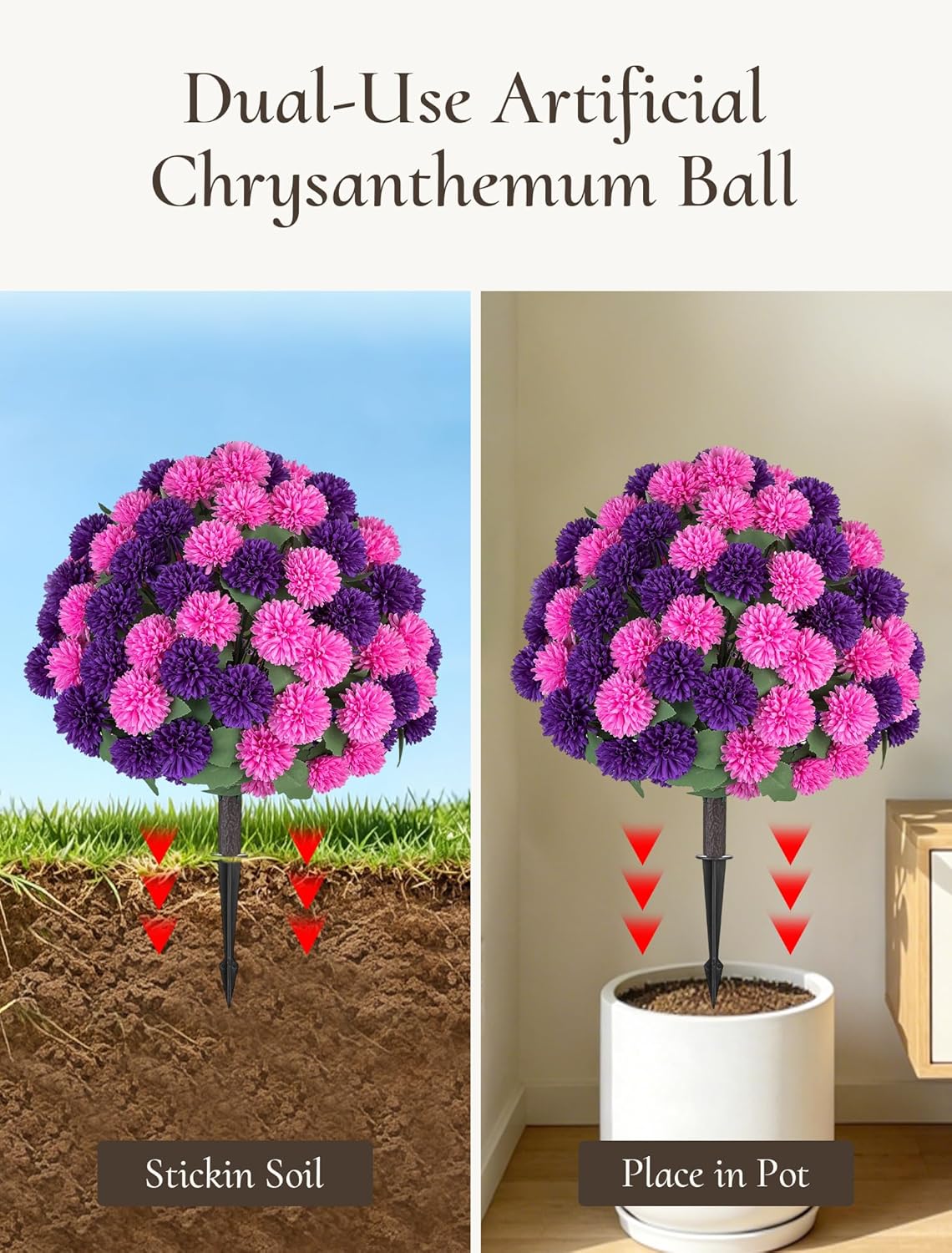 Artificial Mum Topiary Ball: 33" Fake Chrysanthemum Flower with Spike Set of 2 for Front Porch Decor - Purple Pink Faux Bushes Plants with Spike for Outdoor Indoor Garden Patio Entryway