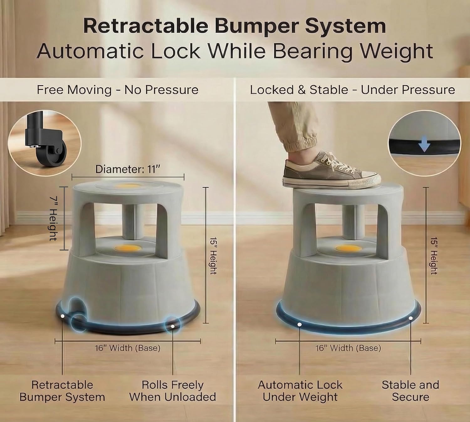 Rolling Step Stool with Wheels, 330lbs Capacity, Non-Slip Platform & Retractable Casters,Round Kick Stool for Library,Kitchen,Office,Garage,Portable for Adults/Seniors/Kids（LightGray）
