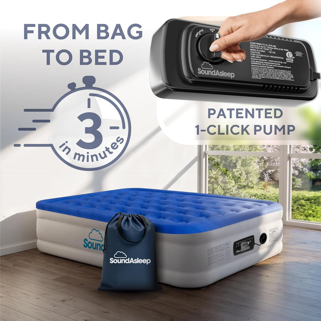 SoundAsleep Products Dream Series Luxury Air Mattress, ComfortCoil Technology, Built-in High Capacity Pump for Home, Camping- Double Height, Adjustable, Inflatable Blow Up, Portable (Queen Size)