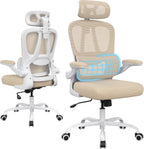 Ergonomic Office Chair with Lumbar Support and Headrest, High Back Mesh Desk Chair with Flip-Up Armrests, 350lbs Capacity Swivel Computer Chair for Home Office, Bedroom (Khaki + White)
