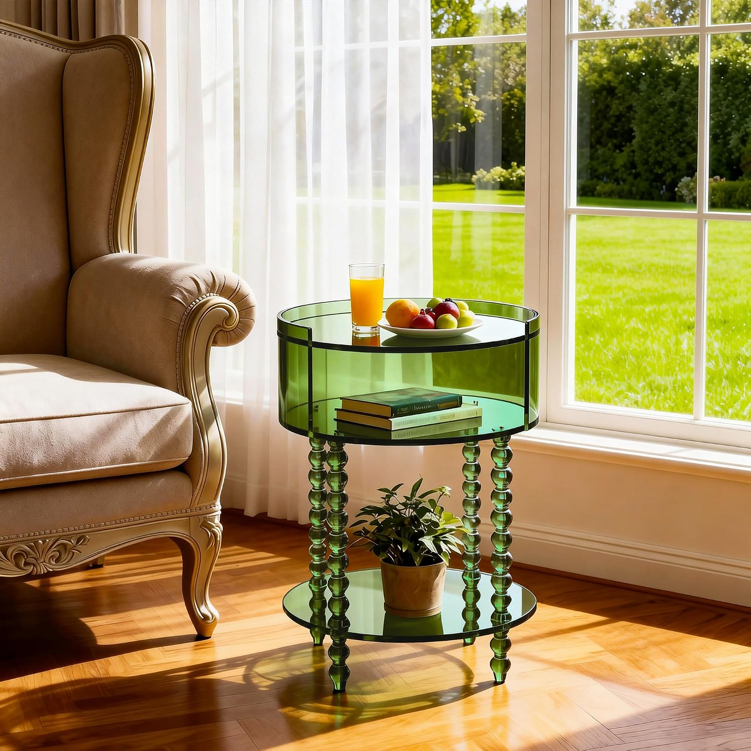 Modern Acrylic Round Side Table, End Table for Living Room, Clear Nightstand for Bedroom, Lobby and Office, Easy Assembly (Green, Nomal)