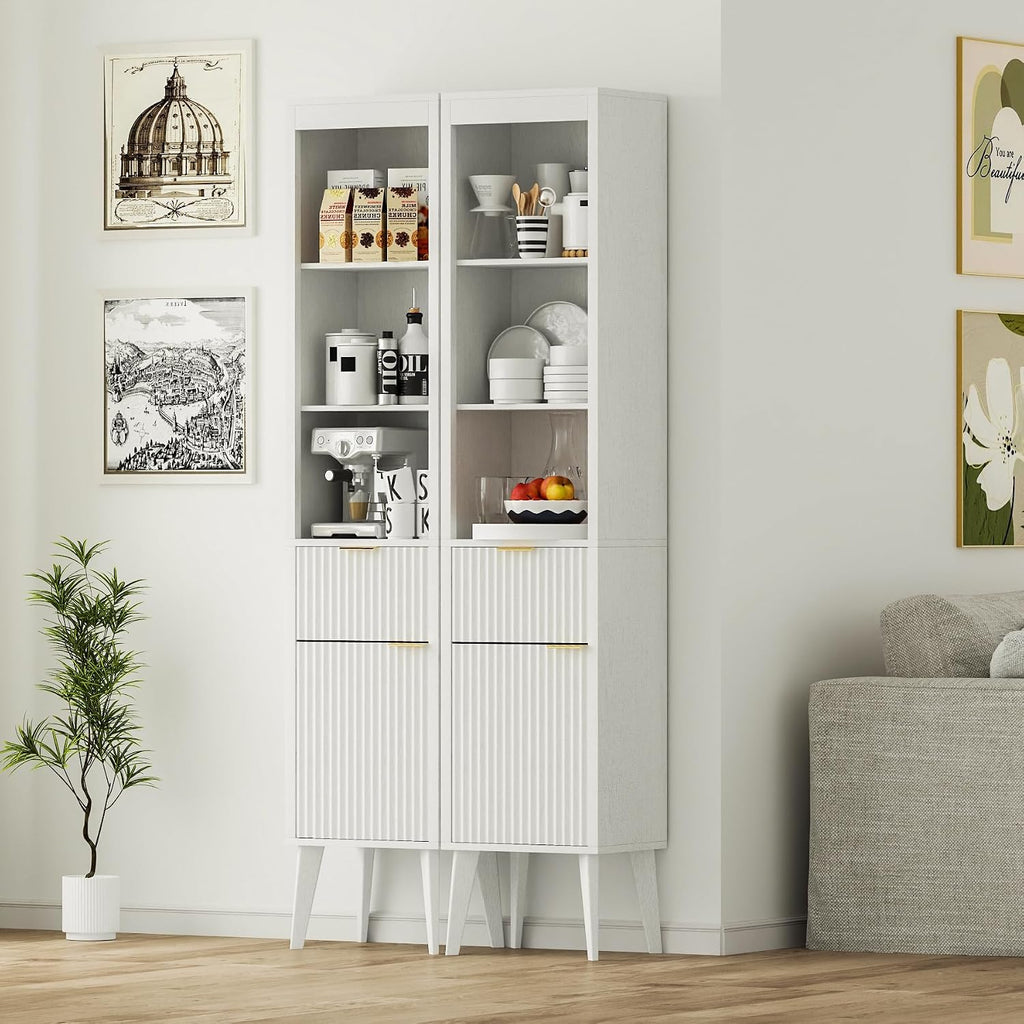 70-Inch Height Storage Cabinet with Fluted Doors, White Freestanding Modern Accent Floor Organizer for Kitchen, Pantry and Bathroom, w/Drawer & Adjustable Shelves