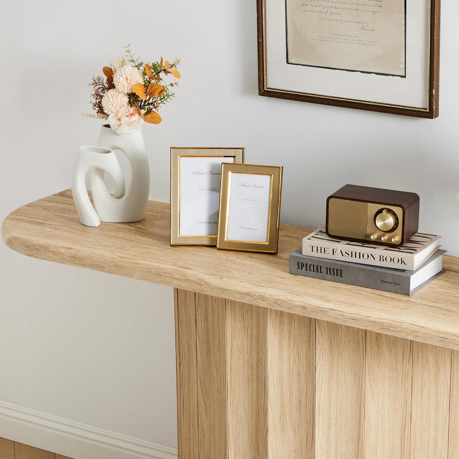 59'' Fluted Console Table for Entryway, Narrow Console Table Wooden Sofa Tables Behind Couch, Modern Curved Accent Table for Hallway, Living Room, Entrance, Foyer (Natural)
