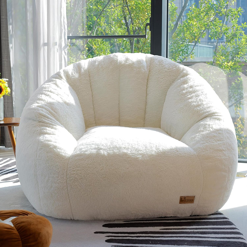 Giant Bean Bag Chair for Adults, Teens and Kids, Cozy Fluffy Corduroy Beanbag Chair with Filler, Large Floor Lounge Sofa for Living Room, Bedroom, Dorm, Gaming and Reading(XL-Ivory)