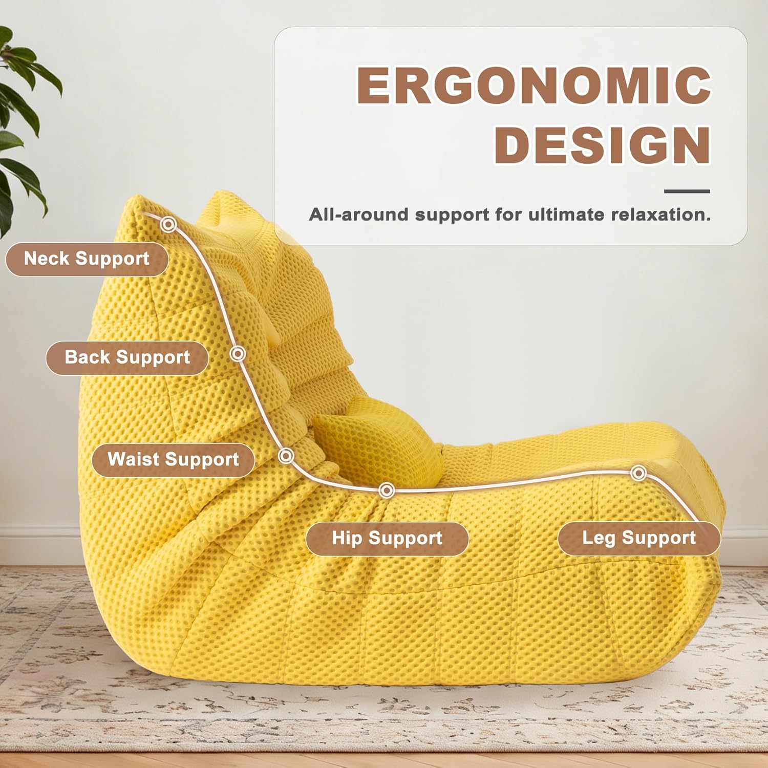 Bean Bag Chair for Adults - Large Bean Bag with Three Pillows, Oversized Boneless Chair with High-Rebound Memory Foam, Lazy Floor Sofa for Reading, Living Room, Bedroom (3-Seater, Yellow)