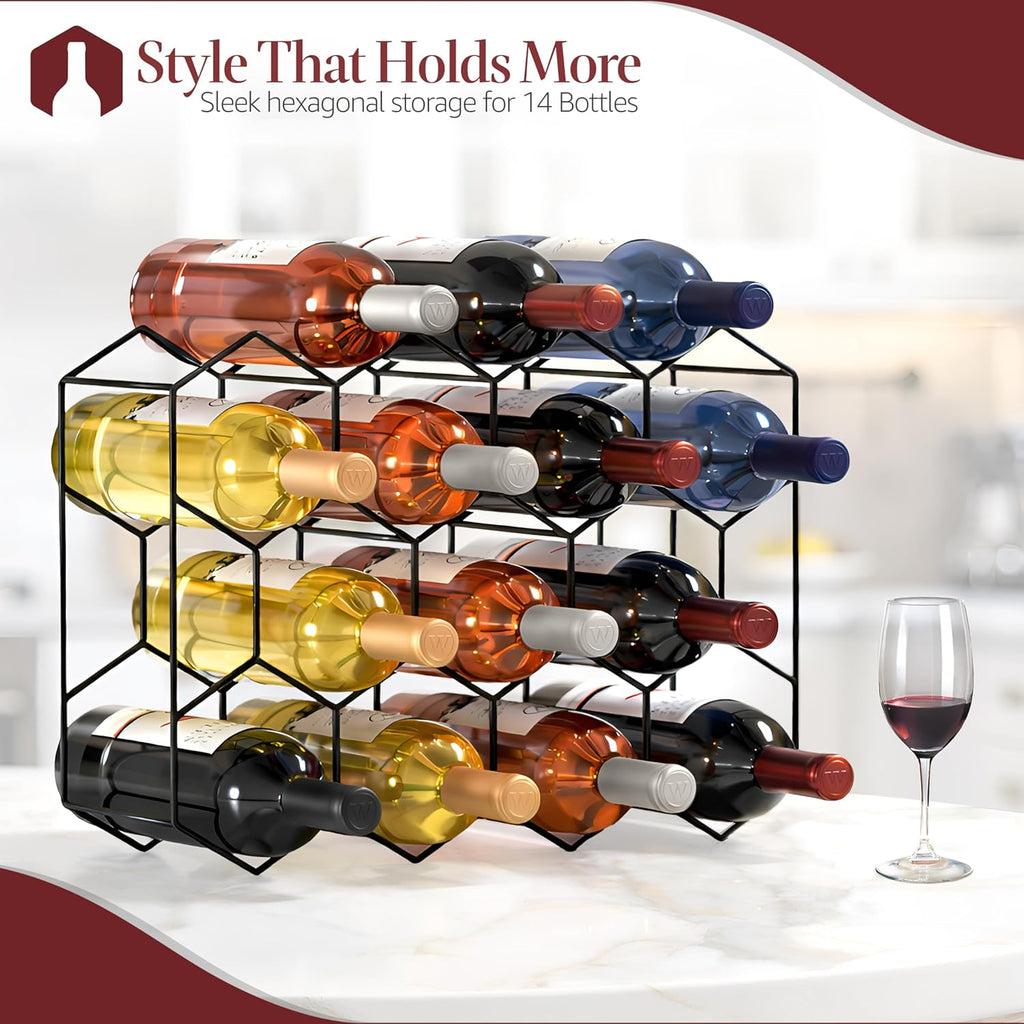 Sorbus 14 Bottle Wine Rack – Stackable Metal Wine Storage Organizer with Honeycomb Design – Cabinet, Pantry, or Bar Wine Bottle Holder – Modern Black Wine Racks Countertop - No Assembly Required