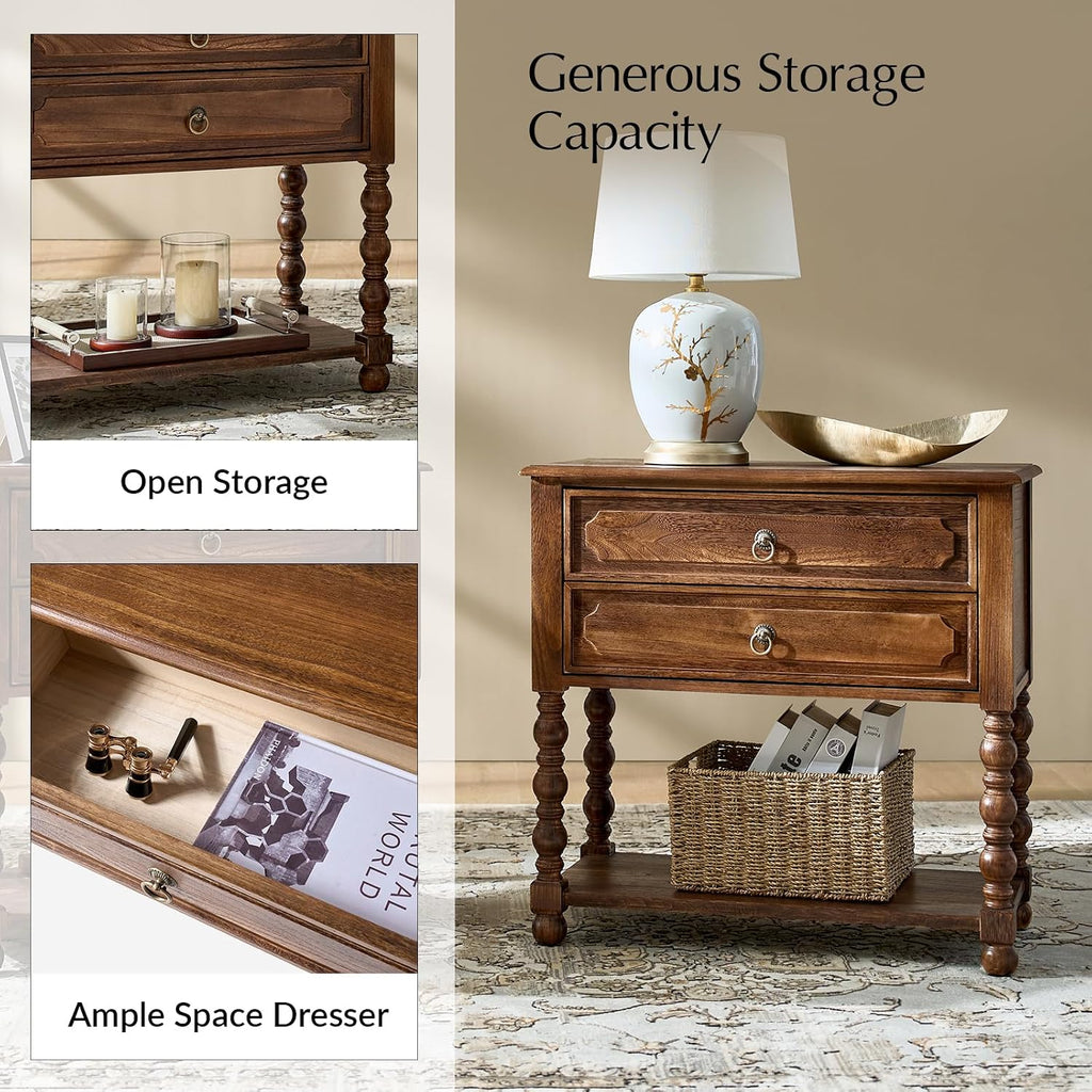 Solid Wood Spindle End Table with Charging Station, Traditional Farmhouse Side Table with 2 Drawers, Living Room Accent Beside Table with Adjustable Feet, Walnut
