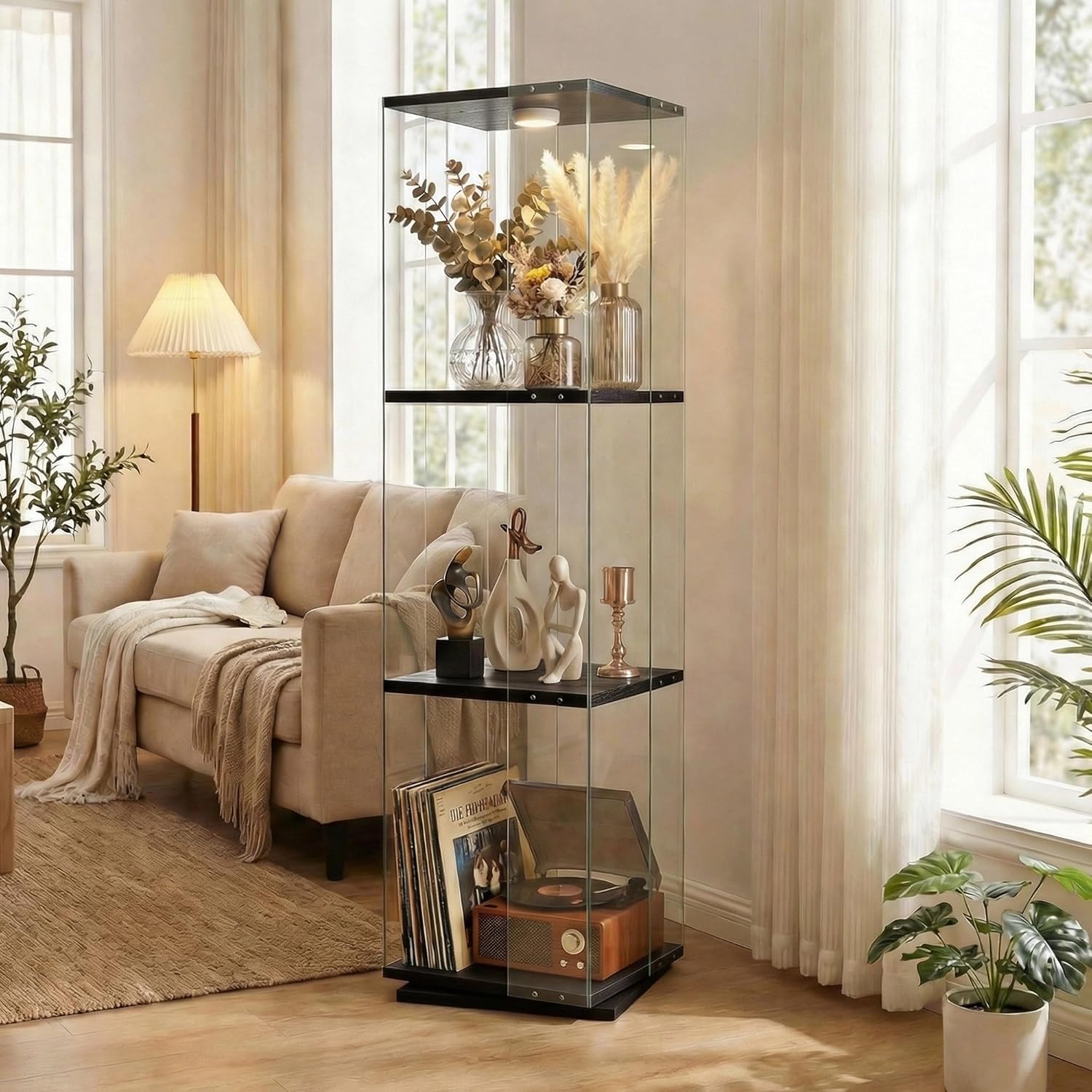 Glass Display Cabinet with Rotating Base, Curio Cabinet with LED Light, 3-Shelf Tempered Glass Display Case for Collectibles, Curio Display Cabinet for Living Room,Home Decor, Black