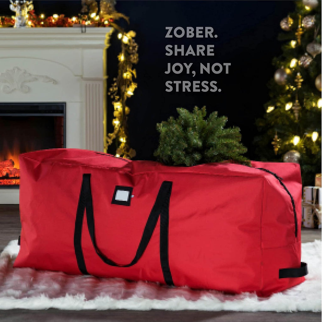 ZOBER 600D Oxford Fabric Large Christmas Tree Storage Bag - Fits 9 Ft Artificial Trees - Tear Proof Waterproof Christmas Tree Bag For Storage Box For Xmas - Strong, Durable Handles - Card Slot - Red