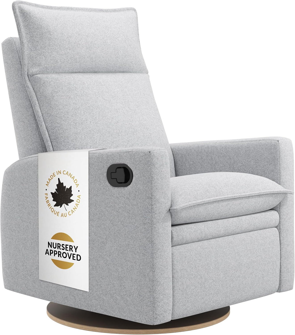 Arya Modern Nursery Glider Recliner Chair – Cozy Nursing Chair with 360° Swivel for New Parents, Gentle Motion, Compact Design, High Back & Low Armrests, Canadian Made (Heather Grey/ARLO Fabric)