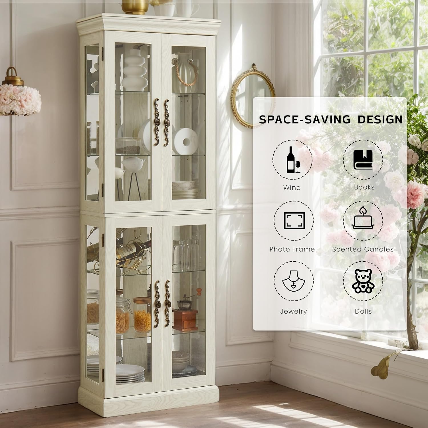 Lighted Curio Cabinet 71" Vintage Glass Display Case with Adjustable Shelves, 4 Tempered Glass Doors, Bulb Included, Wooden Wine Bar China Cabinet for Living Room Liquor Storage (Antique White)