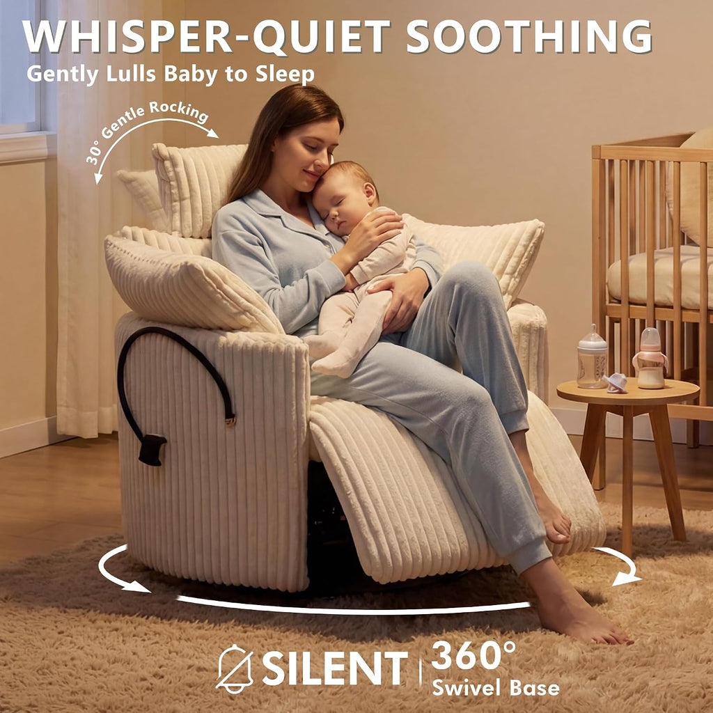 Manual Nursery Glider Recliner with 4" Height and 55° Angle Adjustable Headrest, 360° Silent Swivel Rocking Chair, Phone Holder and 2 Pillows, 400 LBS, Corduroy, White